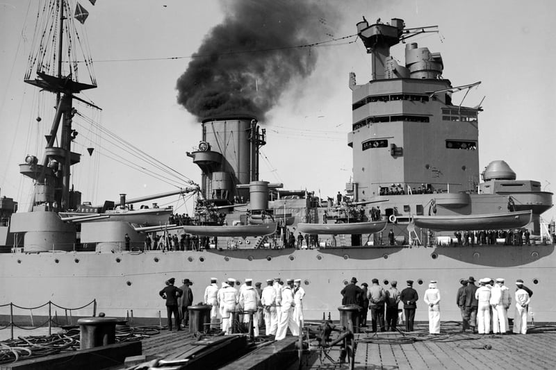 April 1929: The HMS Nelson approaches dock. (Photo by Fox Photos/Getty Images)