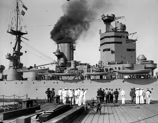April 1929: The HMS Nelson approaches dock. (Photo by Fox Photos/Getty Images)