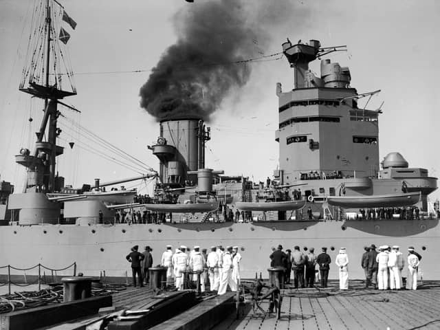 April 1929: The HMS Nelson approaches dock. (Photo by Fox Photos/Getty Images)