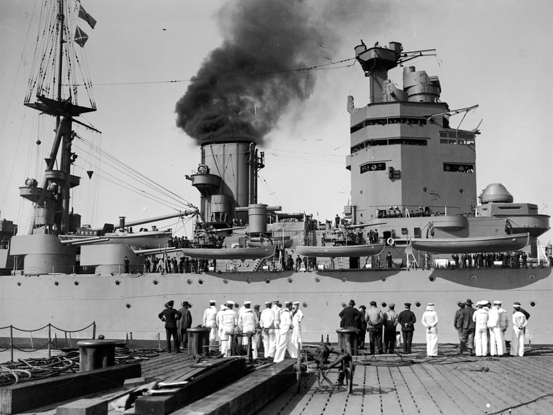 April 1929: The HMS Nelson approaches dock. (Photo by Fox Photos/Getty Images)