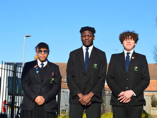 From left, A'layah Parris, Ariel Lusala and Jake Hunter, all Year 11 at Park Community School in Havant. Picture: David George