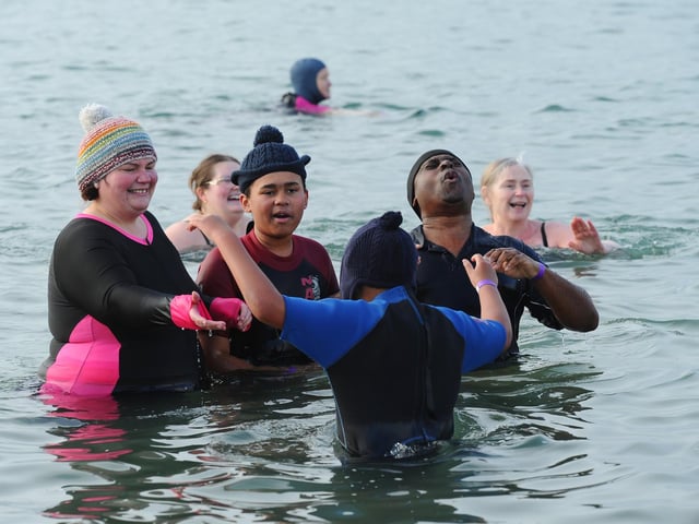 Solent Swim School held their annual Boxing Day dip in the sea at Lee-on-the-Solent, on Thursday, December 26, 2024. Picture: Sarah Standing (261224-532)