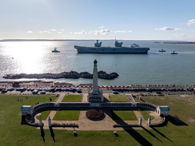 HMS Prince of Wales sailing out of Portsmouth as she heads for a huge Nato deployment in the North Sea. Picture: Michael Woods - Solent Sky Services.