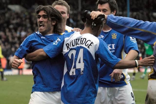 Pedro Mendes, left, celebrates his winner against Manchester City with his Pompey team-mates in March 2006.