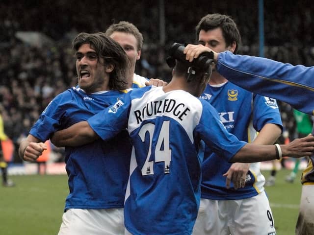 Pedro Mendes, left, celebrates his winner against Manchester City with his Pompey team-mates in March 2006.