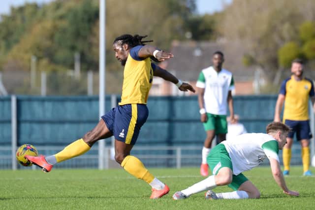 Elliott Charles in action for Gosport during last weekend's 1-0 home friendly loss to Bognor Regis. Pic: Martyn White.