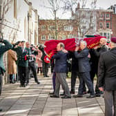 Funeral of D-Day veteran, Arthur Bailey at Portsmouth Cathedral on Thursday 23rd February 2023

Pictured: Arthur Bailey being carried into Portsmouth Cathedral
Picture: Habibur Rahman