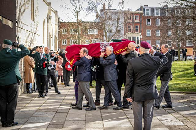 Funeral of D-Day veteran, Arthur Bailey at Portsmouth Cathedral on Thursday 23rd February 2023
Pictured: Arthur Bailey being carried into Portsmouth Cathedral
Picture: Habibur Rahman