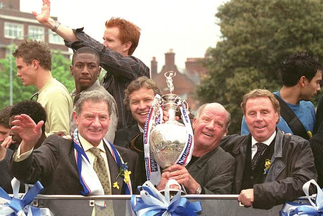 Milan Mandaric joins Kevin Bond, Jim Smith, and Harry Redknapp on an open-topped bus to celebrate Pompey's First Division title success in May 2003. Picture: Malcolm Wells