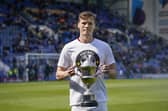 Sean Raggett is ready to hand over the The News/Sports Mail Player of the Season trophy he won for 2021-22. Picture: Jason Brown/ProSportsImages