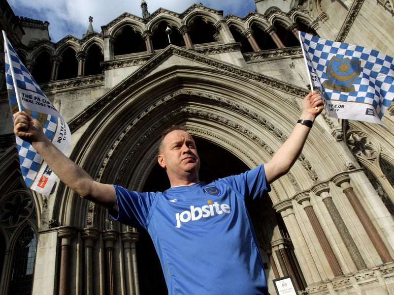 Pompey fan David Maples outside the High Court in February 2010 as the club tried to avoid a winding-up petition being issued against them. Photo by Oli Scarff/Getty Images