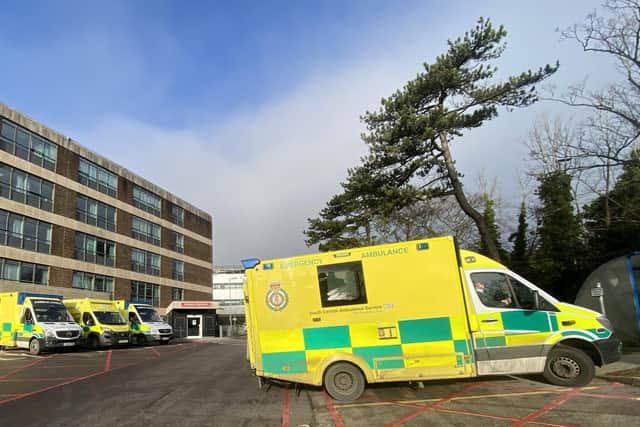 Ambulances are seen outside A&E at Queen Alexandra Hospital on December 31, 2020. Picture: Finnbarr Webster/Getty Images
