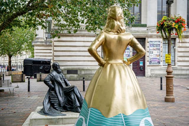 A sculpture of Frances Dickens has been placed opposite the statue of author Charles Dickens on Guildhall Walk, Portsmouth on 22 September 2020. 

Picture: Habibur Rahman
