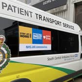 A South Central Ambulance Service patient transport service vehicle in Portsmouth carries the stay at home, protect the NHS and save lives slogan from government. Coronavirus GV. 

Picture: Ben Fishwick