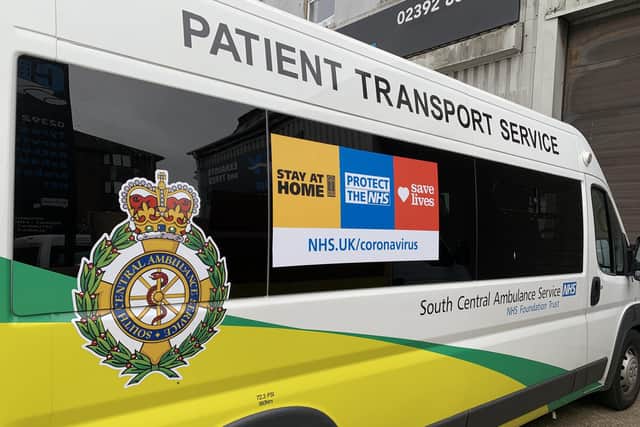 A South Central Ambulance Service patient transport service vehicle in Portsmouth carries the stay at home, protect the NHS and save lives slogan from government. Coronavirus GV.
Picture: Ben Fishwick