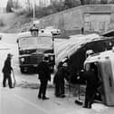 Truck accident Southwick Hill A lorry that has tipped over at the junction of London Road and Southwick Road, Cosham in 1969.