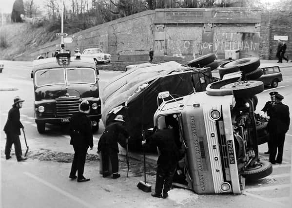 Truck accident Southwick Hill A lorry that has tipped over at the junction of London Road and Southwick Road, Cosham in 1969.