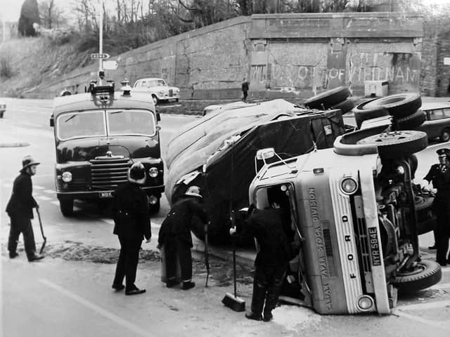 Truck accident Southwick Hill A lorry that has tipped over at the junction of London Road and Southwick Road, Cosham in 1969.