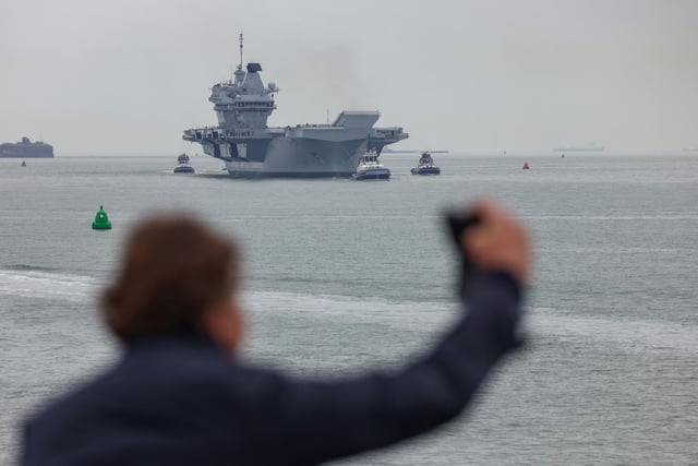 HMS Prince of Wales returning to Portsmouth Harbour on March 26, 2024, after completing NATO Exercise Steadfast Defender.