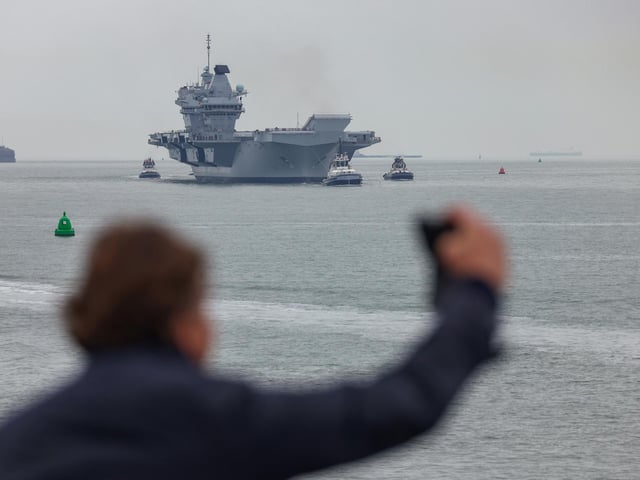 HMS Prince of Wales returning to Portsmouth Harbour on March 26, 2024, after completing NATO Exercise Steadfast Defender.