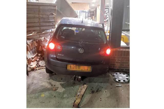 A car which crashed into a McDonald’s restaurant at Buck Barn services on the A24 near Horsham, West Sussex causing extensive damage. Picture: Sussex Police/ PA Wire