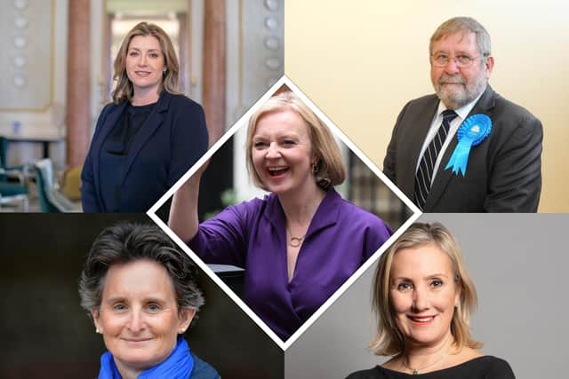 New Conservative leader Liz Truss (middle) surrounded by Penny Mordaunt MP, Flick Drummond MP, Cllr Graham Burgess and Caroline Dinenage MP. Pictures: National World / Contributed / AFP via Getty Images