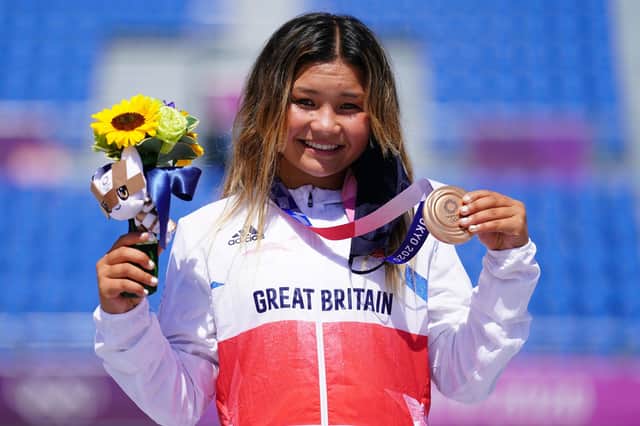 Great Britain's Sky Brown celebrates winning a skateboard bronze medal during the Women's Park Final at Ariake Sports Park. Picture: Adam Davy/PA Wire.
