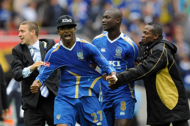 Sean Davis (far left) celebrates with match winner Kanu at the 2008 FA Cup final against Cardiff. Picture: Allan Hutchings