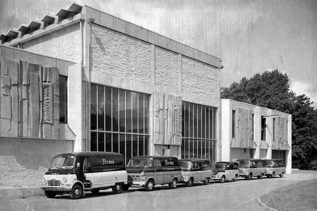 Vans line up outside then recently-completed News Centre at Hilsea, ready to deliver the first papers off the new presses in August 1969