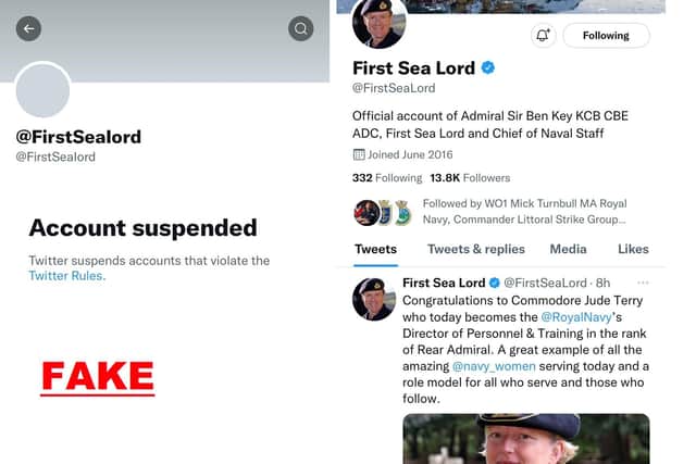 The fake Twitter account, left, pictured next to the genuine account for the First Sea Lord, Admiral Sir Ben Key's on the right.