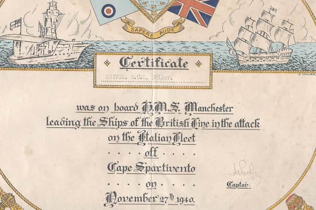 The certificate awarded to non-naval servicemen on board HMS Manchester during battle. Picture: Daphne Smith collection