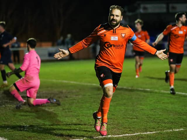 Brett Pitman celebrates one of his two goals against Hamble Club. Picture: Nathan Lipsham