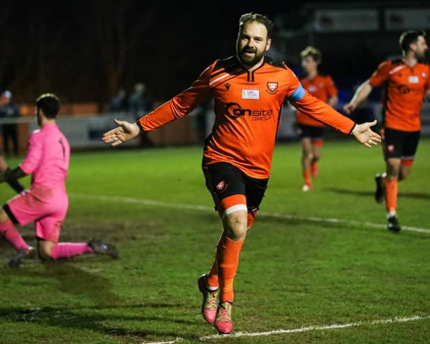 Brett Pitman celebrates one of his two goals against Hamble Club. Picture: Nathan Lipsham