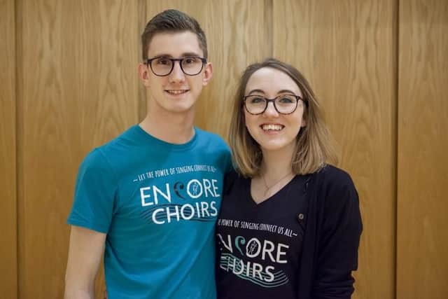 Encore Choirs, based in Petersfield and Farnham, are run by Portsmouth resident Josh Robinson and his fiancee Gemma Ford. Members of the group recorded a virtual performance of Josh's song Let Light, Let Love to support Age UK. Pictured: Josh and Gemma