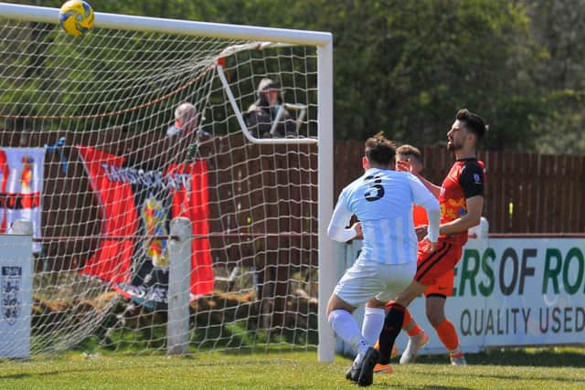 Elliott Turnbull fires his shot over the bar from just a few yards out. Pic: Martyn White