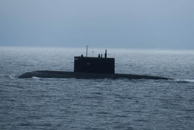 The Russian Kilo-class submarine Krasnodar during HMS Tyne's operation to monitor the vessel in the English Channel
