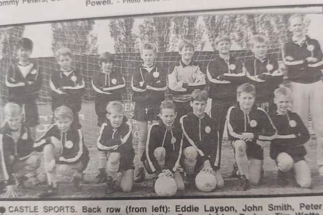 Castle Sports (age unknown), 1988. Back (from left): Eddie Layson, John Smith, Peter Chester, Peter Mould, Dean Whelan, Julian Berry, Adrian Barber, Tim Watts. Front: David Wheatcroft, Chris Maloret, Ian Byrne, Leon Schillimore, Scott Smith, Nicholas Bromley, Stuart Freeston.