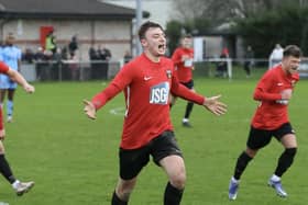 Archie Willcox fired in a hat-trick of headers in Fareham Town's midweek thrashing of Cowes Sports Picture: Martin Denyer