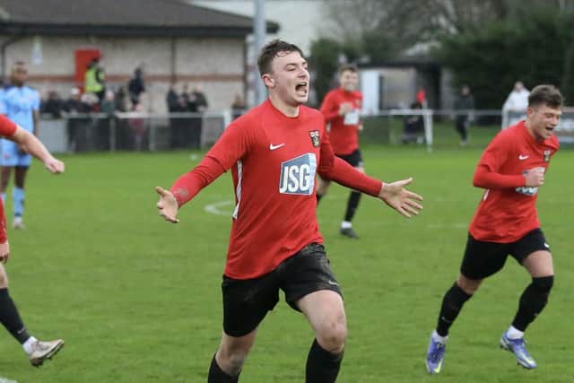Archie Willcox fired in a hat-trick of headers in Fareham Town's midweek thrashing of Cowes Sports Picture: Martin Denyer