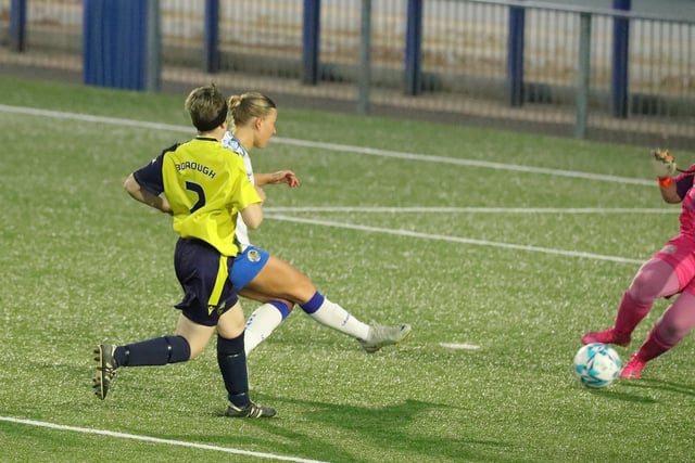 Sarah Butterwort nets Hawks' second goal. Picture: Dave Haines