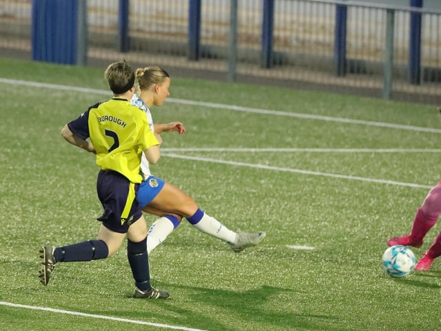 Sarah Butterwort nets Hawks' second goal. Picture: Dave Haines