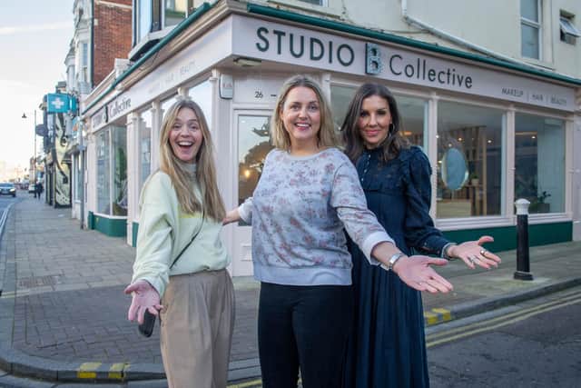 Pictured: Sarah Spiers (freelance hair stylist), Birute Thomas (owner) and Dr Alannah Neville (owner of Dr Alannah Clinics) at Studio B Collective, Osborne Road, Southsea. Picture: Habibur Rahman.