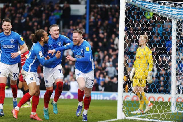 Pompey celebrate Aiden O'Brien's goal against Doncaster today.