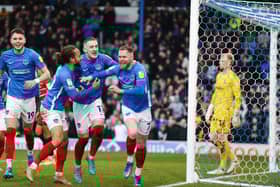 Pompey celebrate Aiden O'Brien's goal against Doncaster today.