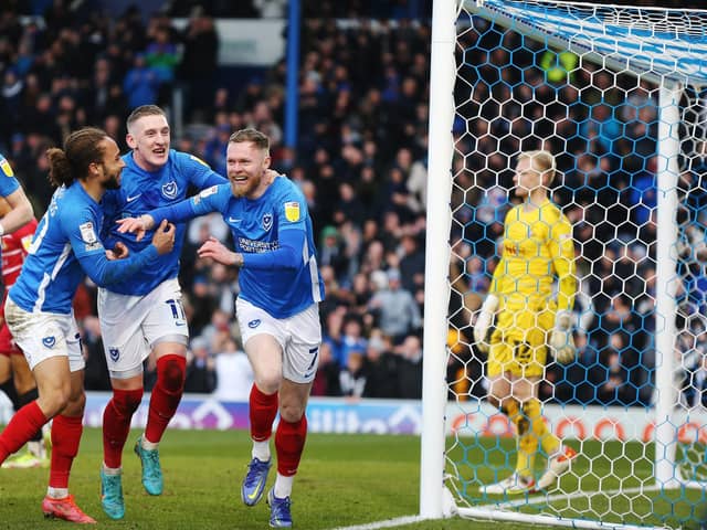Pompey celebrate Aiden O'Brien's goal against Doncaster today.