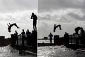 Thrill-seekers pictured backflipping into Emsworth Harbour as Storm Eunice rages. Photo: Habibur Rahman