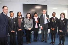 Pupils of St Edmund's GCSE Citizenship with MP Stephen Morgan, Ms Effie J. Triantafilopoulos MPP from Ontario, Canada and Mr Gary Clueit MLC from the Isle of Man.