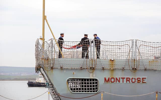 The HMS Montrose decommissioning ceremony on Monday at Portsmouth Naval Base (170423-6575)
