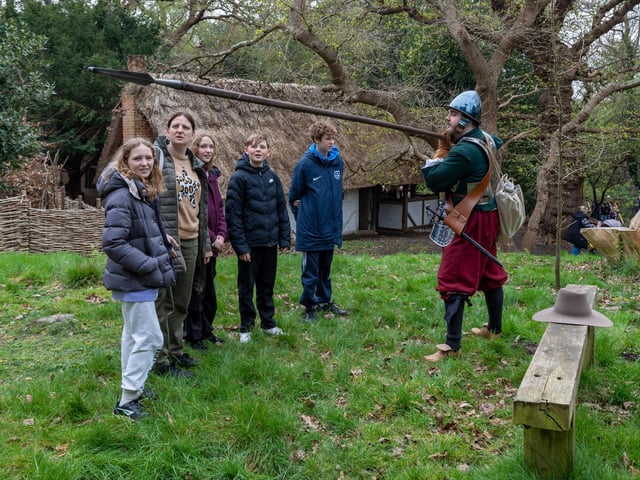 A pikeman from the visiting Roundhead army shows off his weapon at Little Woodham Living Village in Gosport. Picture: Mike Cooter (060424)