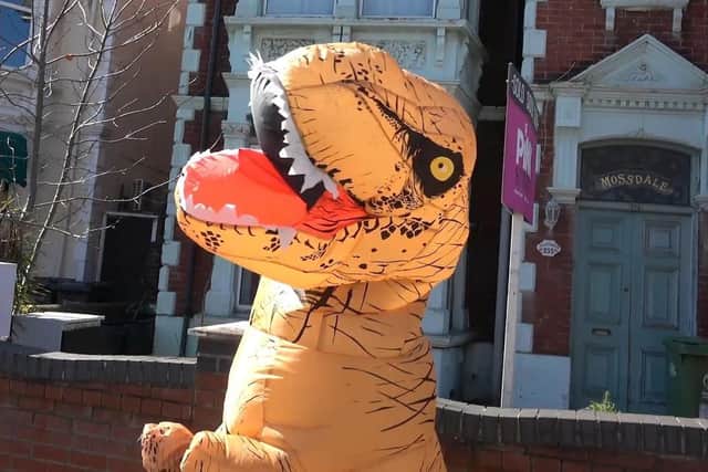Hannah Pilcher, 29, of North End dresses up as a dinosaur to entertain children in Portsmouth during lockdown.